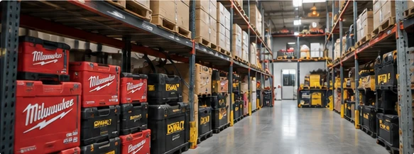 Illustrative industrial tools and equipment on warehouse shelves